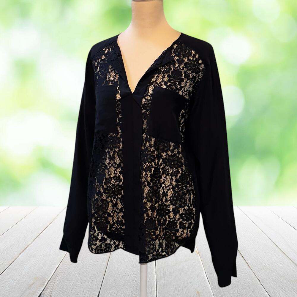 REBECCA TAYLOR Silk Lace Blouse Sheer Long Sleeve V Neck Romantic Black Size 4